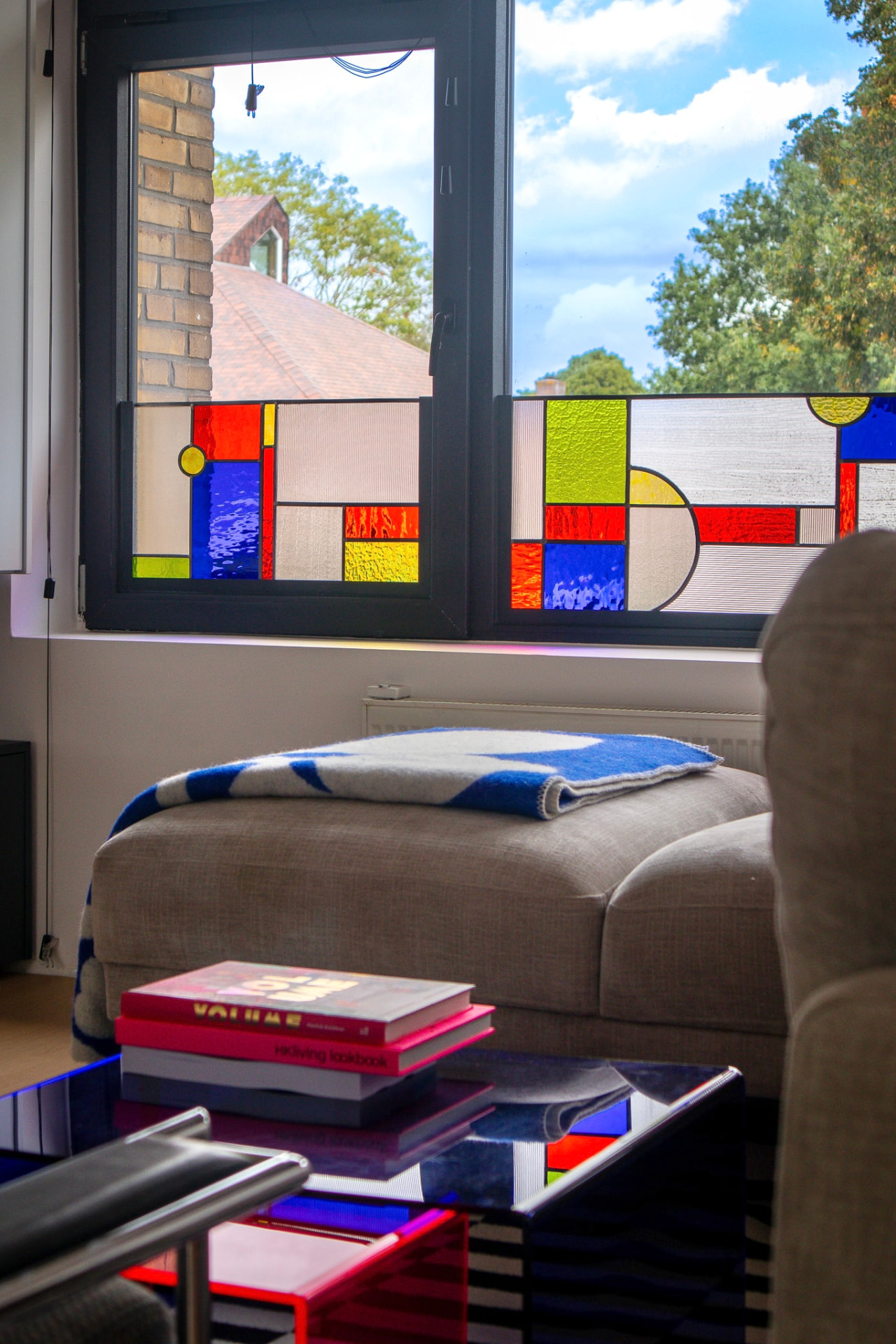Privacy glas in lood raam · woonkamer